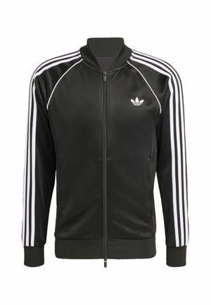 Μαύρο τζάκετ με φερμουάρ και μαλακό ύφασμα, με λευκές ρίγες στους ώμους και στα μανίκια, που διαθέτει μικρό λευκό λογότυπο στο αριστερό μέρος του στήθους.