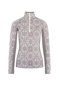 Lange mouwen pullover in lichtgrijs met een geometrisch patroon. Heeft een hoge kraag en een halve rits. Contrast textuur mouwen in een donkere schaduw.