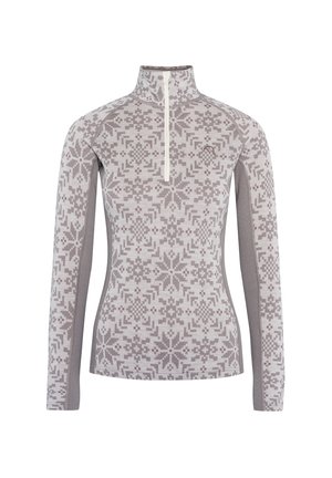 Lange mouwen pullover in lichtgrijs met een geometrisch patroon. Heeft een hoge kraag en een halve rits. Contrast textuur mouwen in een donkere schaduw.