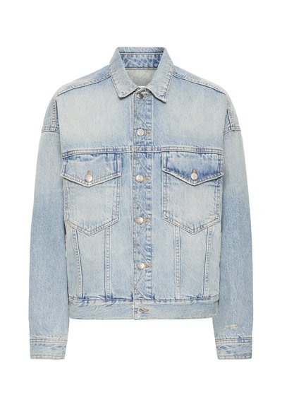 Light blue denim jacket with button front, two chest flap pockets, long sleeves, and classic collar.