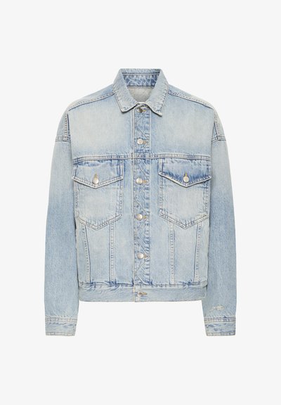 Light blue denim jacket with button front, two chest flap pockets, long sleeves, and classic collar.