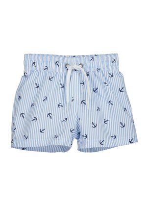 Pasiasty kostium kąpielowy w jasnoniebieskim kolorze z granatowymi kotwicami. Posiada elastyczny pas z sznurkiem oraz miękką, gładką teksturę.