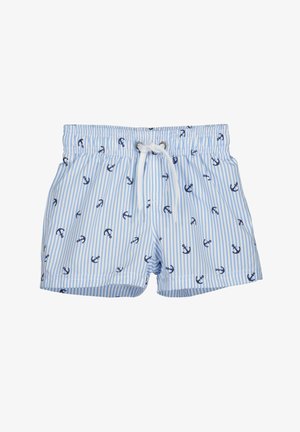 Gestreepte zwembroek in lichtblauw met marineblauwe ankers. Voorzien van een elastische tailleband met een trekkoord en een zachte, gladde textuur.