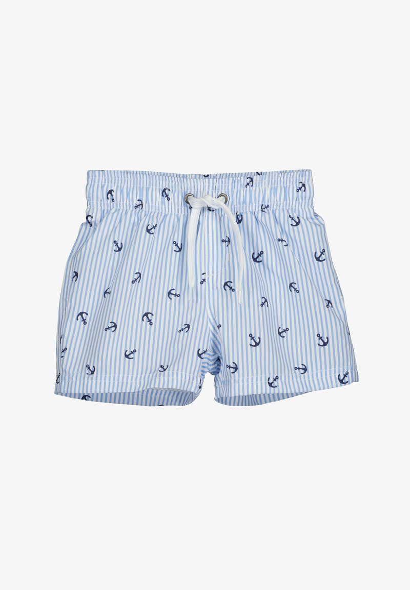 Shorts de bain rayés en bleu clair avec des ancres navy. Dotés d'une taille élastique avec cordon de serrage et d'une texture douce et lisse.