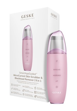 Grattoir pour peau à micro-courant rose avec capuchon transparent, étiqueté exfolier, hydrater, lifter, présenté à côté de son emballage boîte blanche avec détails du produit.