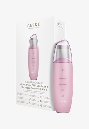 Grattoir pour peau à micro-courant rose avec capuchon transparent, étiqueté exfolier, hydrater, lifter, présenté à côté de son emballage boîte blanche avec détails du produit.