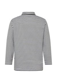 Schwarz-weiß gestreiftes Langarmshirt mit hohem Kragen, gleichmäßig verteilten Streifen und glatter Textur. Keine sichtbaren Beschläge.