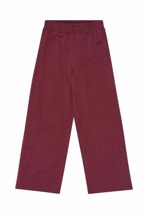 Pantalon large bordeaux avec taille élastique et détail de couture, posé à plat sur fond blanc.