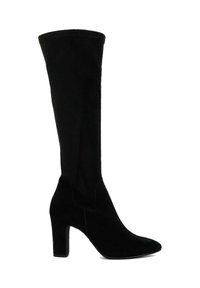 Black knee-high boots made of soft suede. Pointed toe, chunky heel, and slightly flared top with visible stitching detail.