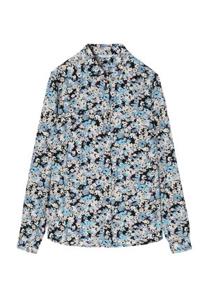 Gariežu krekls ar garām piedurknēm, kas rotāts ar ziedu rakstu zilos, rozā un melnos toņos uz gaiša fona; gluda auduma tekstūra.