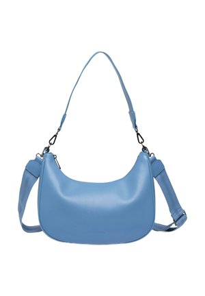 Blue leather handbag with a curved shape, featuring a single long strap and textured accents. Smooth surface with minimal branding.