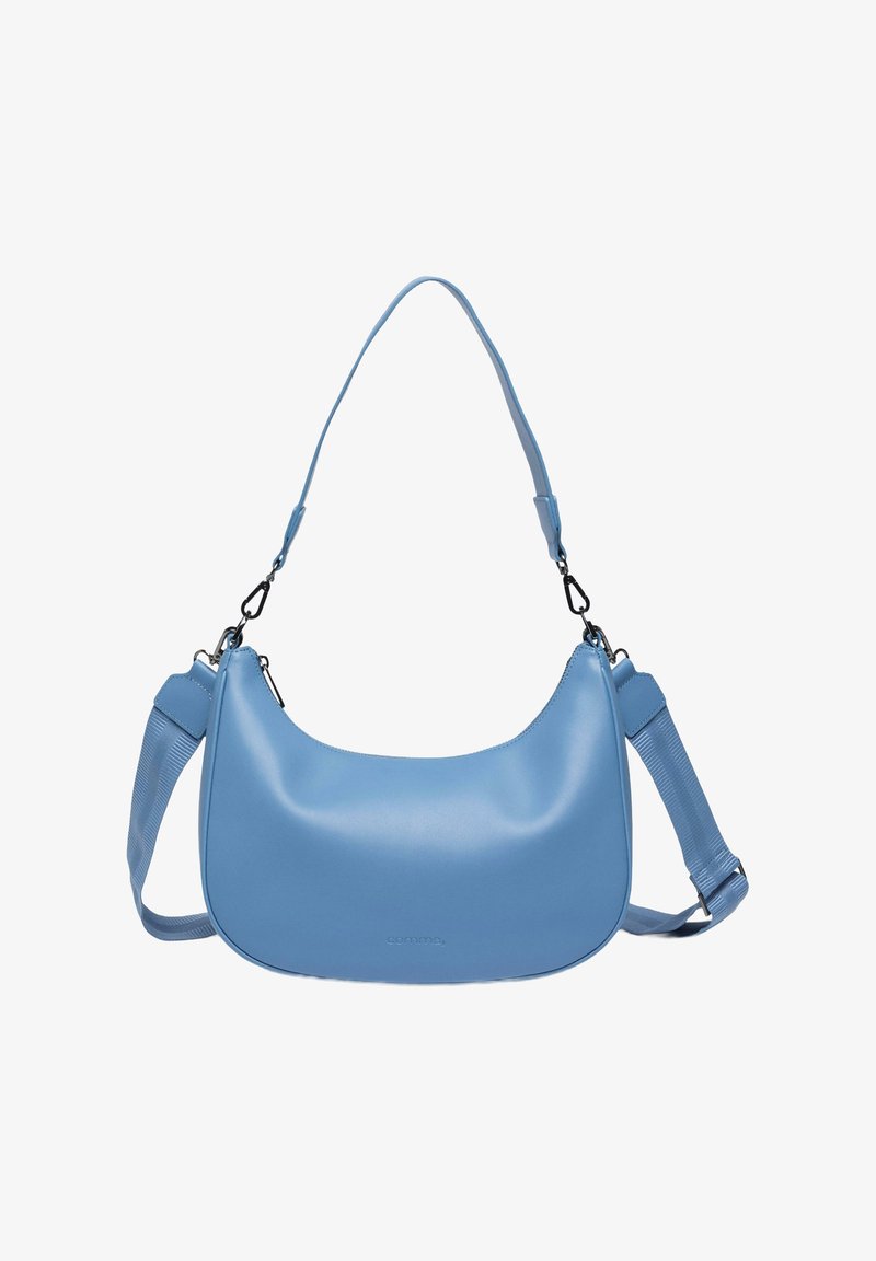 Blaue Lederhandtasche mit geschwungener Form, ausgestattet mit einem langen, einzigen Tragegurt und strukturierten Akzenten. Glatte Oberfläche mit minimaler Markenkennzeichnung.