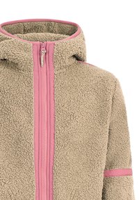 Fleecejack in beige met een roze ritssluiting en accenten. Heeft een hoge kraag en een ritsfront. Textuur met zacht, pluizig materiaal.