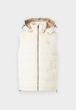 White puffer vest with a hood, featuring a zipper front, two side pockets, and a quilted design. Silver logo accent on the chest.