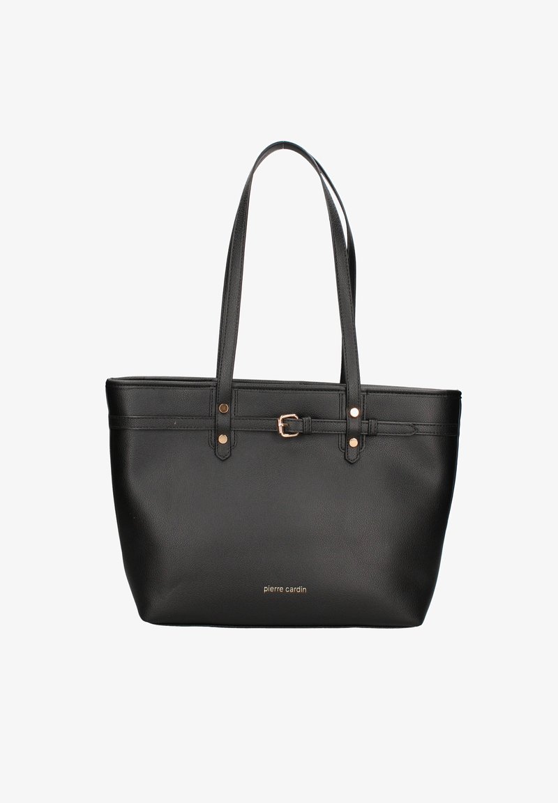 Zwarte tote bag van textuurleer met twee handvatten, een goudkleurige gesp en gebosseleerde branding aan de onderkant.