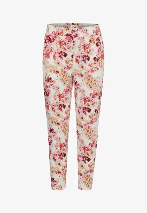 Pantaloni con stampa floreale bianca, caratterizzati da fiori rosa, rossi e gialli. Design slim fit con una texture liscia e vita standard.