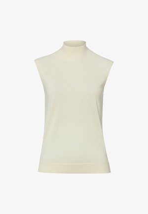 Top sans manches de couleur crème avec un col montant et un ourlet droit, présenté sur fond blanc.