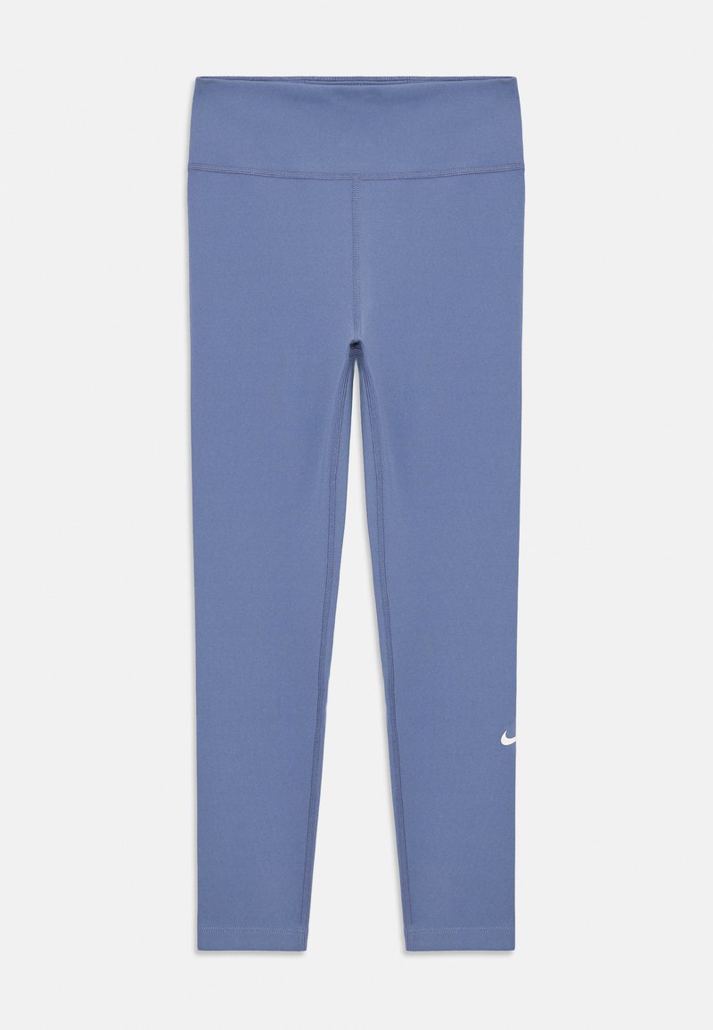 Leggings Nike de couleur bleu clair, fabriqués dans un matériau extensible, avec une texture lisse, une taille haute et un petit logo blanc sur le côté inférieur.