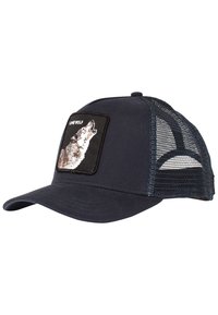 Gorra azul marino con parte trasera de malla, que presenta un parche bordado cuadrado de un lobo aullando y el texto "LONE WOLF" encima de la imagen.