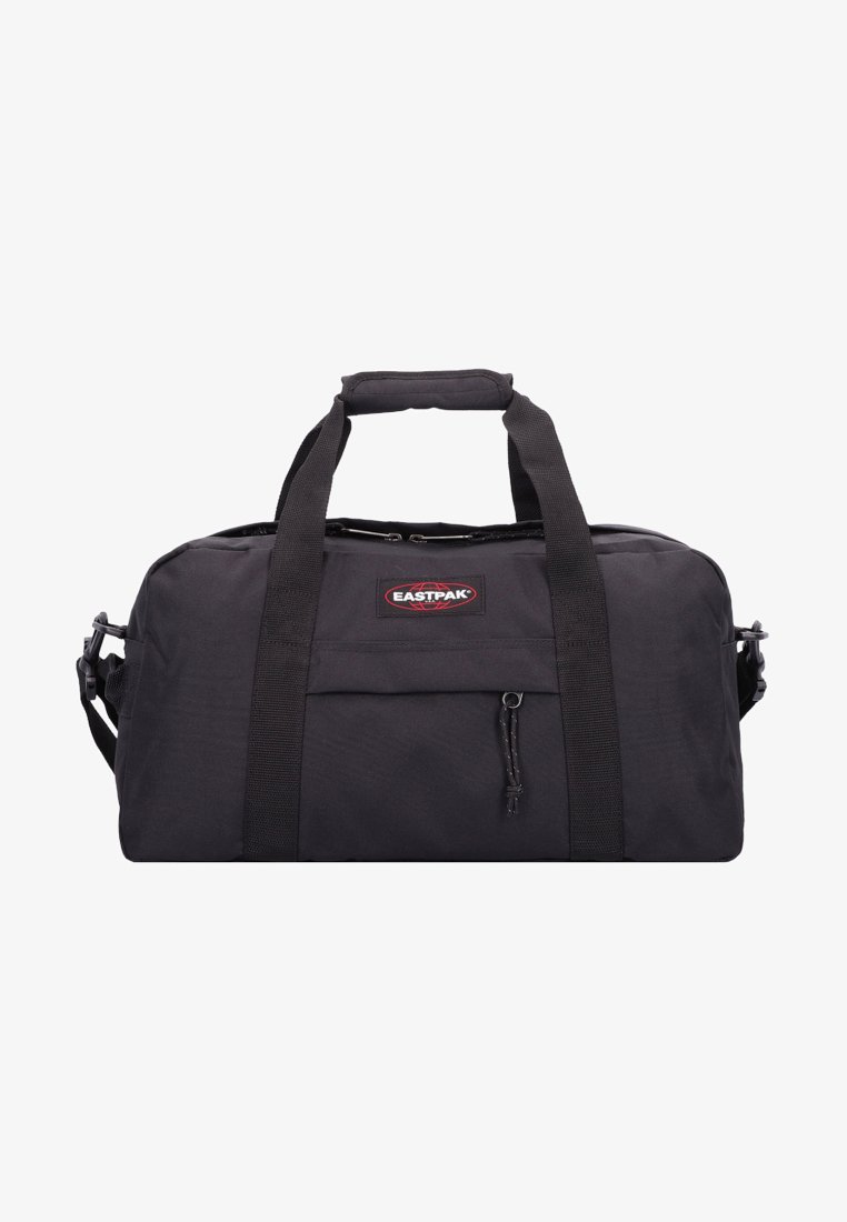 Black duffel bag made of durable fabric, featuring dual top handles, an adjustable shoulder strap, and a front zippered pocket.