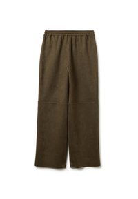 Braune weite Hose aus weichem Material mit elastischem Bund und glatter Textur, mit zwei sichtbaren Nähten vorne.