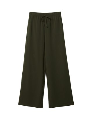 Pantaloni ampi di colore verde scuro con vita elastica e cordino. Realizzati in tessuto morbido e leggero con una superficie liscia.