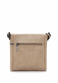 Beige leather crossbody bag with a smooth texture, featuring a front zip pocket and adjustable strap. Minimalist design with silver hardware.