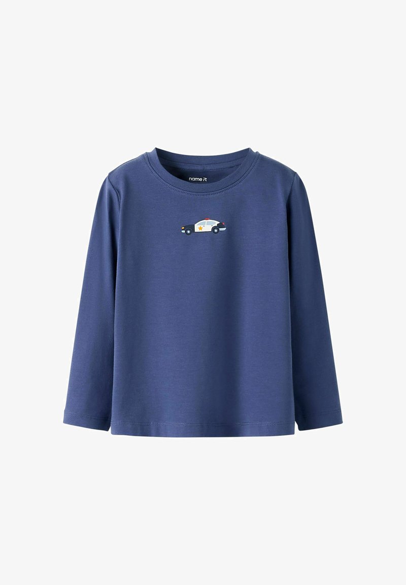 Navy blue long-sleeve child’s shirt with a small police car graphic centered on the chest.