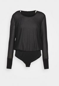 Czarny body z długim rękawem, z przezroczystym topem i nieprzezroczystym dołem. Posiada okrągły dekolt oraz elastyczną talię z dopasowanymi mankietami.