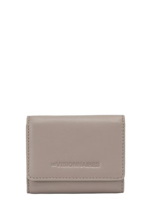 Taupe leather bifold wallet with stitched edges and embossed "LES VISIONNAIRES" logo on front flap.