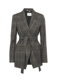 Blazer a maniche lunghe da donna in tartan con ampi rever, vita con cintura e tasche a pattina in tonalità di grigio, nero e beige.