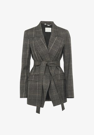 Blazer a maniche lunghe da donna in tartan con ampi rever, vita con cintura e tasche a pattina in tonalità di grigio, nero e beige.