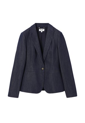 Sacou bleumarin croită, cu închidere cu un singur nasture, revere cu decupaj, și două buzunare frontale cu tiv, afișat pe fundal alb.