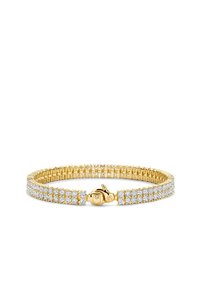 Goldarmband mit flexibler Konstruktion, das mehrere Reihen funkelnder klarer Kristalle und einen sicheren Verschluss bietet.