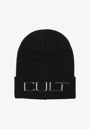 Black knit beanie with a folded cuff, featuring a shiny, metallic "CULT." logo on the front. Soft texture and stretchable design.