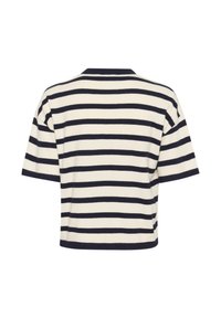 T-shirt rayé avec des rayures horizontales bleu marine et crème, manches courtes, encolure ronde et coupe relaxée et raccourcie.