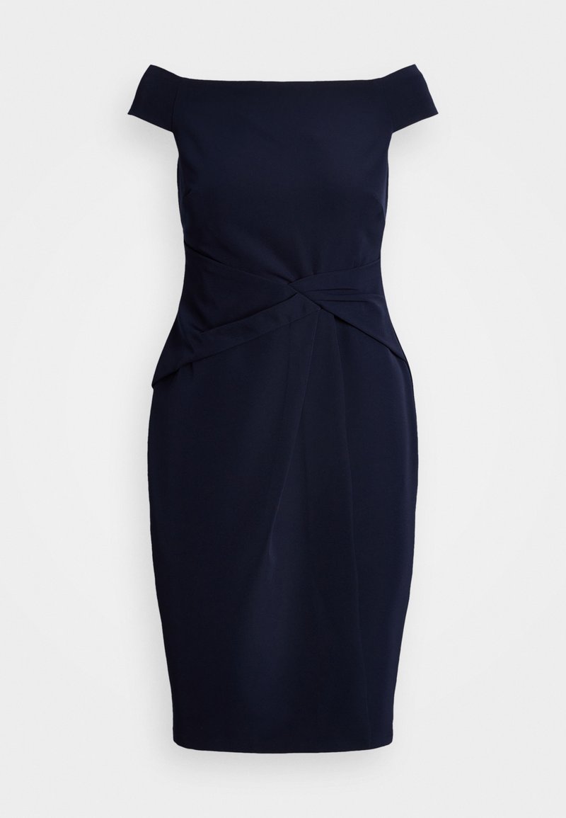 Tumesinine õlgadelt avatud kleit, mis on keha lähedane, talje piirkonnas volangide detailide ning põlvekõrguse lõikega. Valmistatud sujuvast ja venivast materjalist.