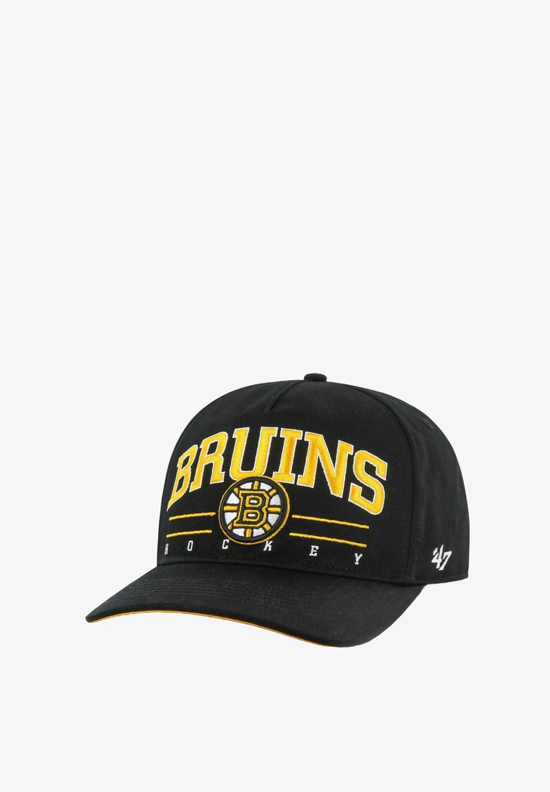 Schwarze Baseballmütze mit "BRUINS" und "HOCKEY" in Gelb gestickt. Besitzt ein rundes Boston Bruins-Logo auf der Vorderseite.