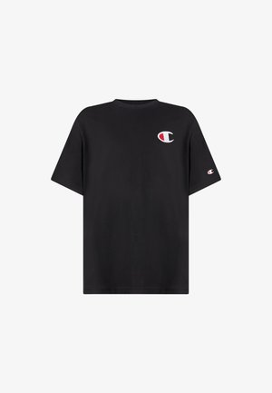 Zwart T-shirt met korte mouwen en een klein rood-wit Champion-logo op de linkerborst en linkermouw.
