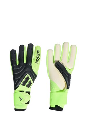 Par de guantes de portero Adidas en neón verde y negro con dedos acolchados y correas en la muñeca, mostrados vista de la palma y del dorso.