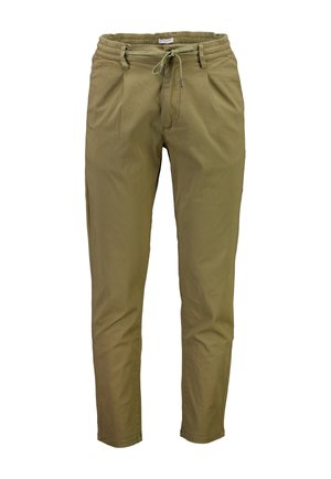 Khaki joggerbroeken met een elastische tailleband, trekkoord, twee voork pockets, en een tapered fit. De stof lijkt licht en glad te zijn.