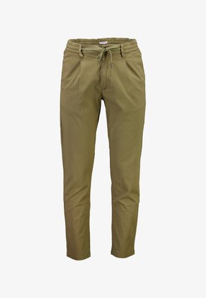 Khaki joggerbroeken met een elastische tailleband, trekkoord, twee voork pockets, en een tapered fit. De stof lijkt licht en glad te zijn.