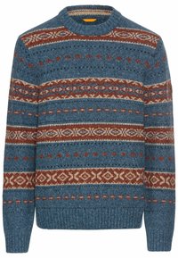 Knit sweater with a round neck, featuring a blue base, textured patterns in cream and rust stripes, and ribbed cuffs and hem.
