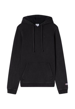 Schwarzer Hoodie aus Fleece-Material. Verfügt über eine Kapuze mit Kordelzug, eine Fronttasche und gerippte Bündchen. Akzentuiert mit einem kleinen Logo auf der Brust.