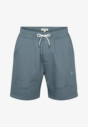 Męskie szorty w melanzowym niebieskim materiale, z elastycznym pasem i białym sznurkiem, a także z małym haftowanym logo.