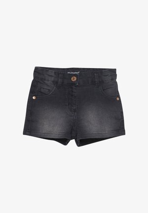 Szorty dżinsowe w ciemnym odcieniu z pięcioma kieszeniami, zapięciem na brązowy guzik oraz przeszyciami wzdłuż dołu. Gładka tekstura, dopasowany krój.