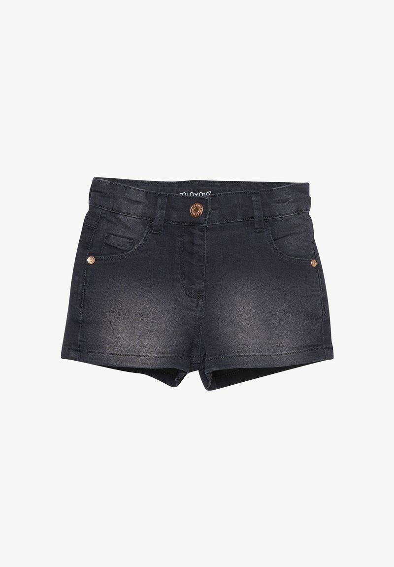 Džínové šortky v tmavom pranej farbe s piatimi vreckami, zatváraním na bronzový gombík a prešitou dekoráciou pozdĺž lemu. Hladká textúra, priliehavý strih.
