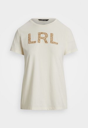 Kreminės spalvos medvilninė marškinė su tekstūruotu rudu "LRL" logotipu priekyje. Trumpomis rankovėmis ir apvaliu iškirpimu.