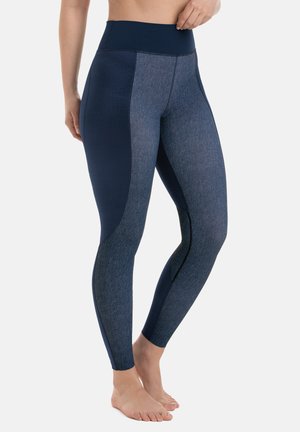 Marineblaue Leggings mit hohem Bund und strukturiertem, nahtlosem Design. Mit abwechselnden einfarbigen und gemusterten Paneelen für visuelles Interesse.
