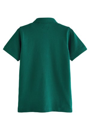 Grøn polo med tekstureret, åndbart stof. Den har en slået krave, korte ærmer og en lige kant uden synligt logo.